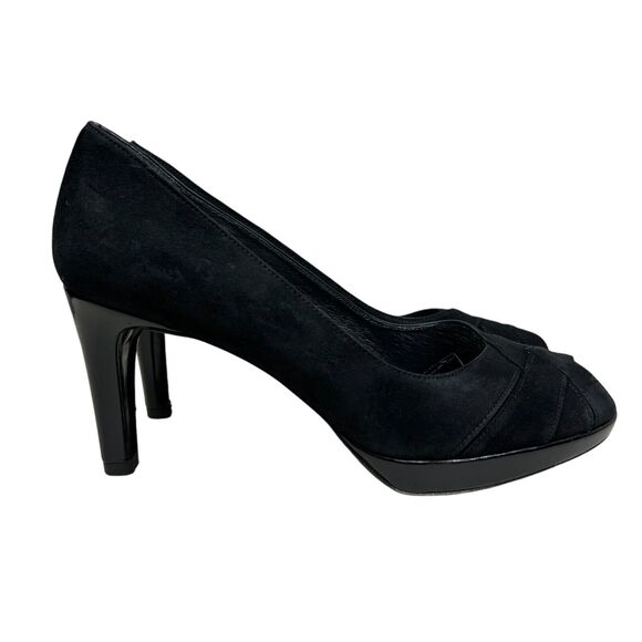 Stuart Weitzman Womens Heel Pump‎ Leather Patent Heel Peep Toe Black Size 6.5M - Picture 1 of 8
